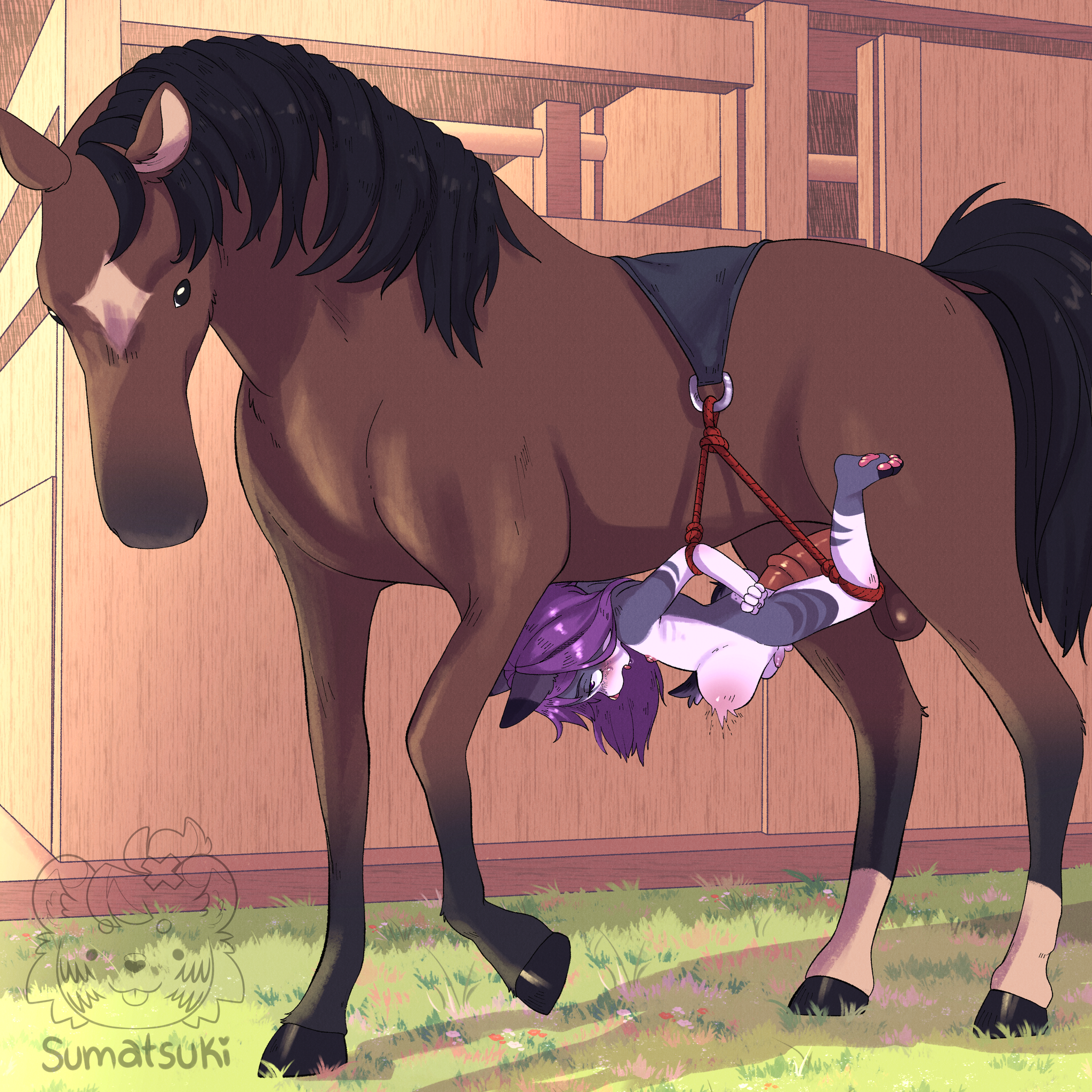A small transgender toddler fox girl, tied up to the underside of a feral male horse, being his personal cockwarmer with dubious consent, taking it deep inside her tailhole, her tummy having a hugh tummy buldge, as she has an overwhelmed expression on her face. The background contains some grass, and a stable.